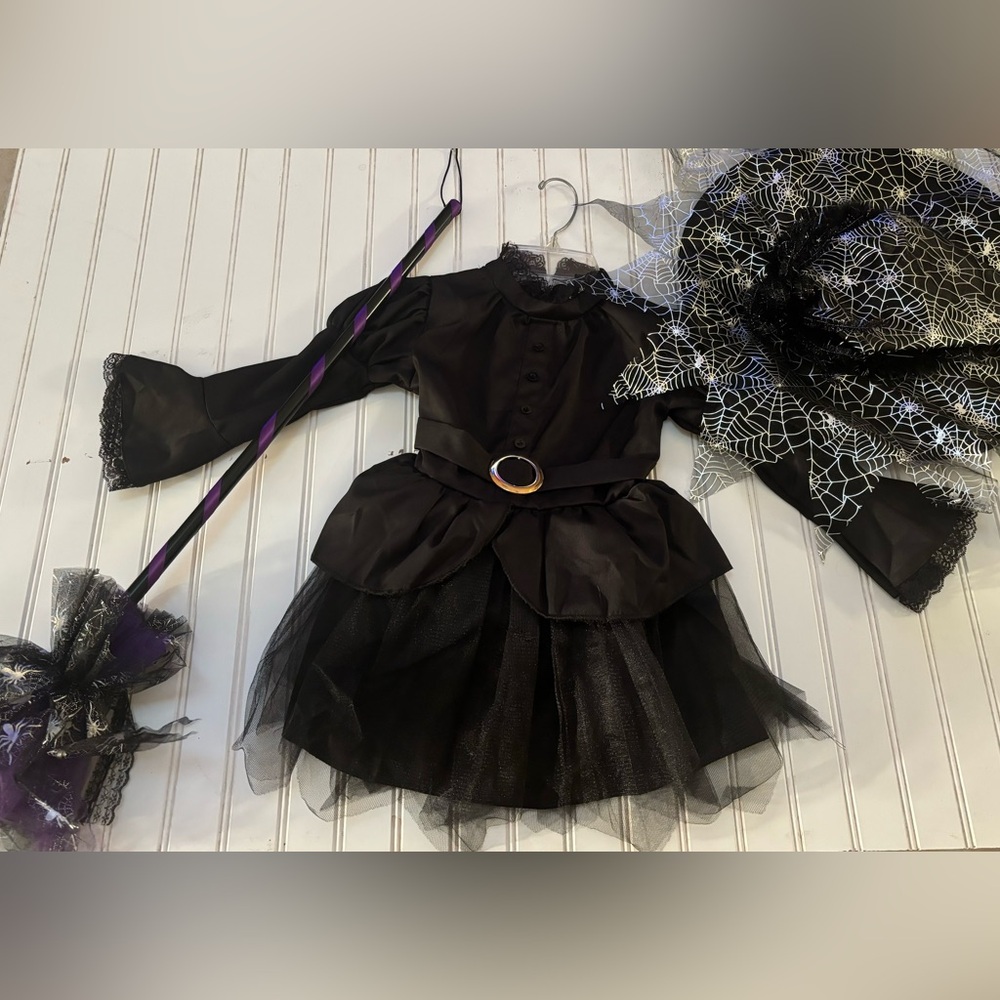Colorful House Black Witchy Victorian Witch Dress with hat and broom Girls 4-6